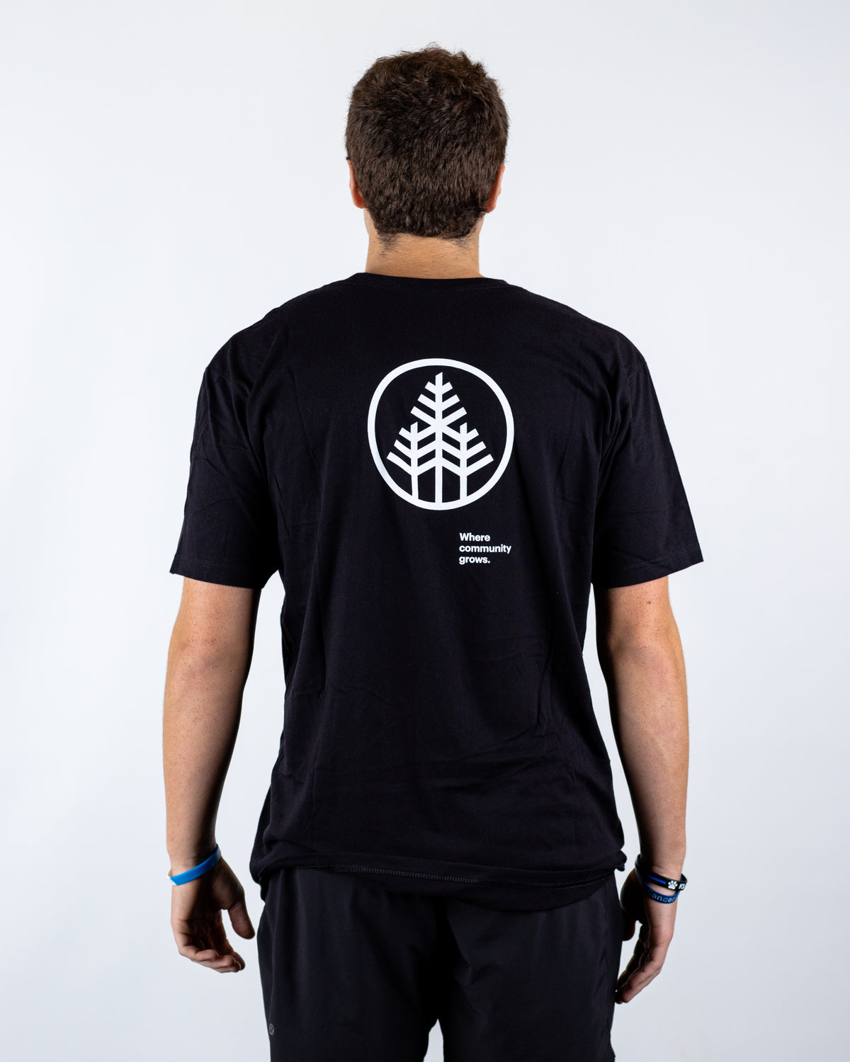 Black T Shirt with Tree Stamp; Where Community Grows