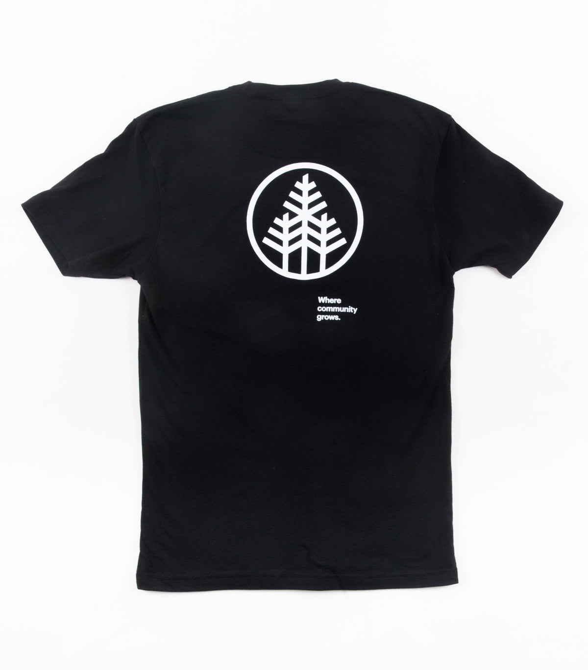 Black T Shirt with Tree Stamp; Where Community Grows